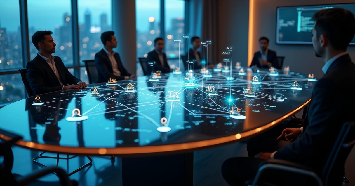 Sala corporativa com holograma exibindo alertas de mudanças societárias de empresas 