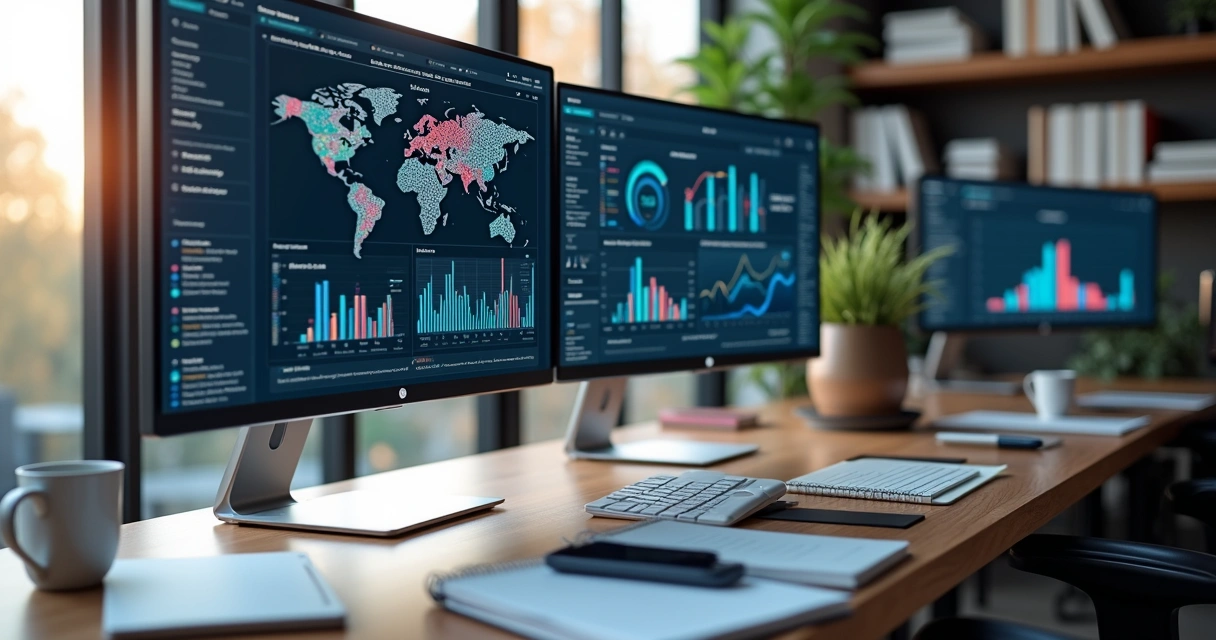 Mesa moderna com várias telas exibindo gráficos, mapas e dados empresariais em alta definição