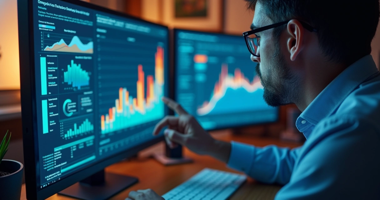 Profissional analisando gráficos de vendas e dados empresariais em tela de computador moderno