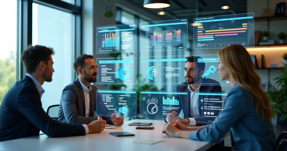 Pessoas em um escritório moderno interagindo com várias telas digitais que mostram gráficos, mensagens automáticas e dados de clientes