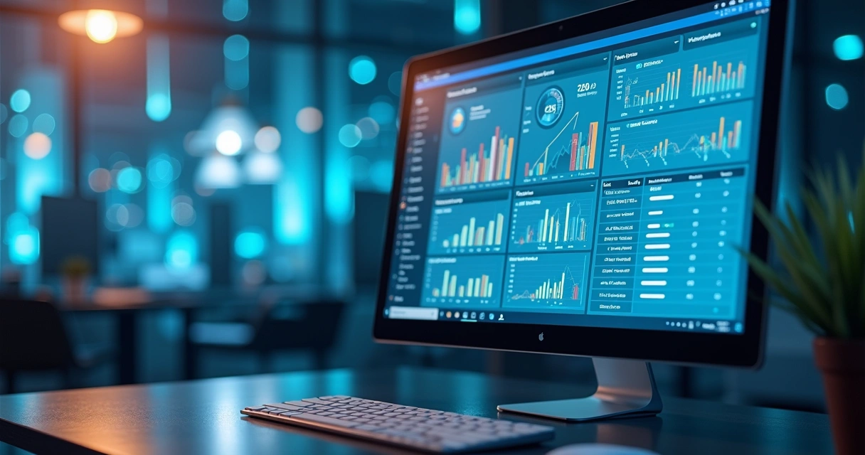 Computador com interface de automação de prospecção B2B exibindo gráficos e filtros de pesquisa detalhados