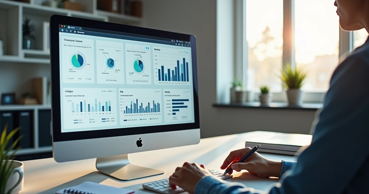 Pessoa avaliando informações de um lead em tela de computador, com gráficos e dados comerciais visíveis