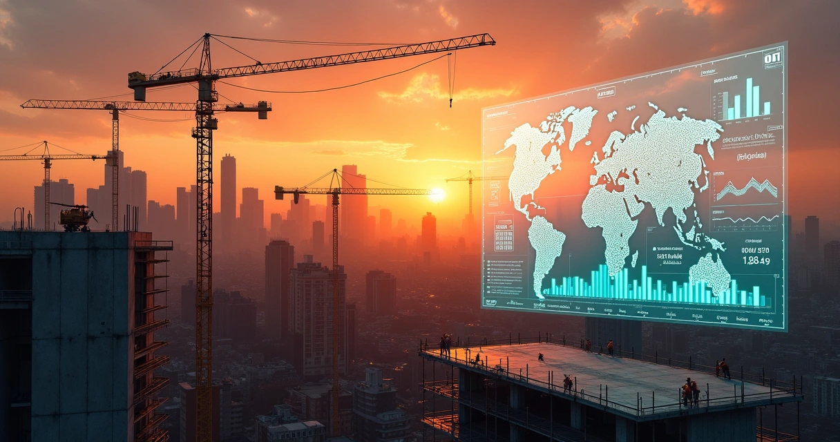 Paisagem urbana com canteiro de obras e painel digital de dados integrados