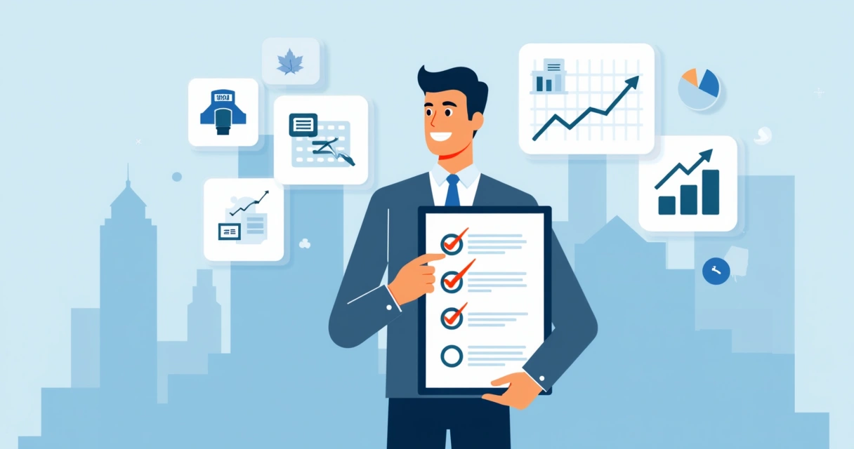 Ilustração corporativa flat de pessoa conferindo checklist em tablet com dados de prospecção e ícones de filtros e gráficos ao redor