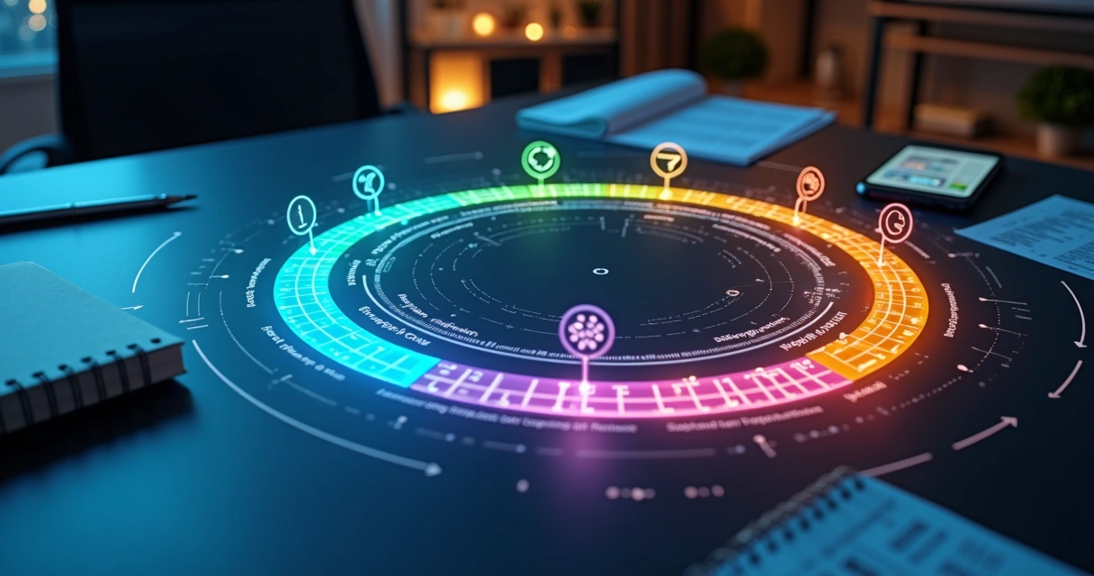 Linha do tempo circular com etapas do ciclo de compra B2B destacadas em ícones coloridos 