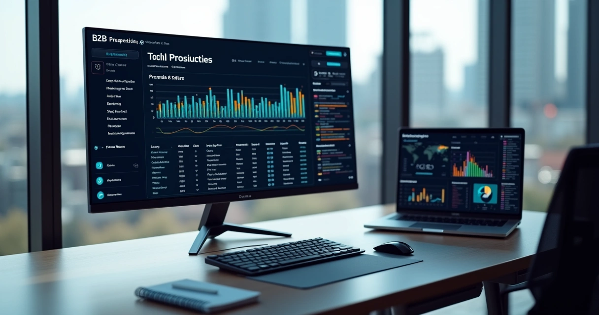Painel com comparação de ferramentas de prospecção B2B em gráficos e dashboards digitais