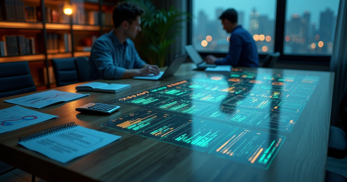 Analista unindo relatórios financeiros e pipeline de vendas B2B na mesma mesa híbrida digital