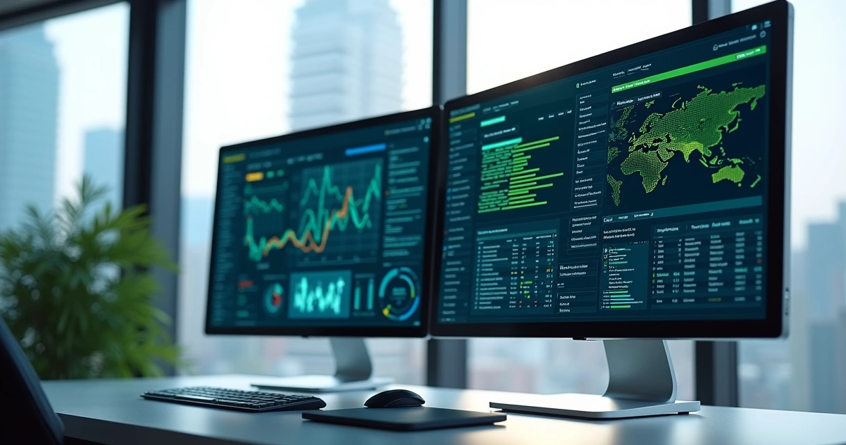 Comparação entre dados públicos e dados próprios em telas digitais com gráficos e empresas ao fundo