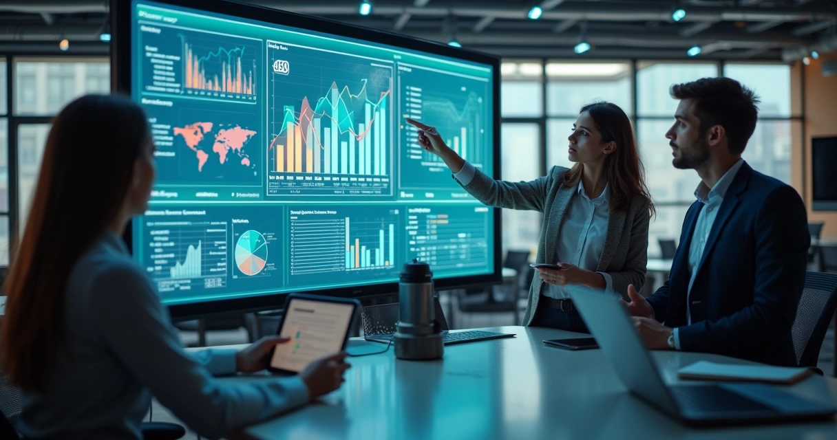 Equipe de profissionais analisando dados em telas digitais para prospecção B2B eficiente