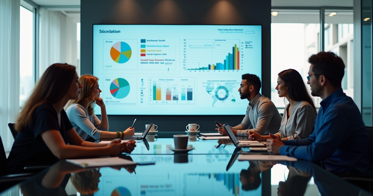 Equipe de vendas analisando gráficos e métricas em tela digital numa sala corporativa