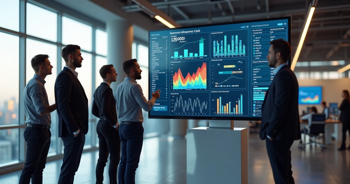 Equipe de vendas analisando gráficos de dados em telas digitais em ambiente corporativo moderno