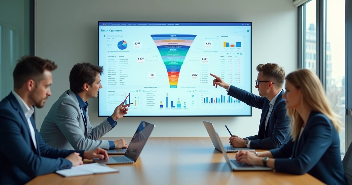 Equipe de vendas analisando painel de dados B2B com funil de outbound e segmentação avançada