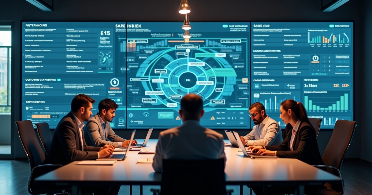 Equipe de vendas B2B analisando grande painel de contatos segmentados