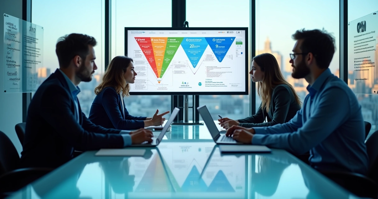 Equipe de vendas B2B analisando painel digital com funil de prospecção ativa