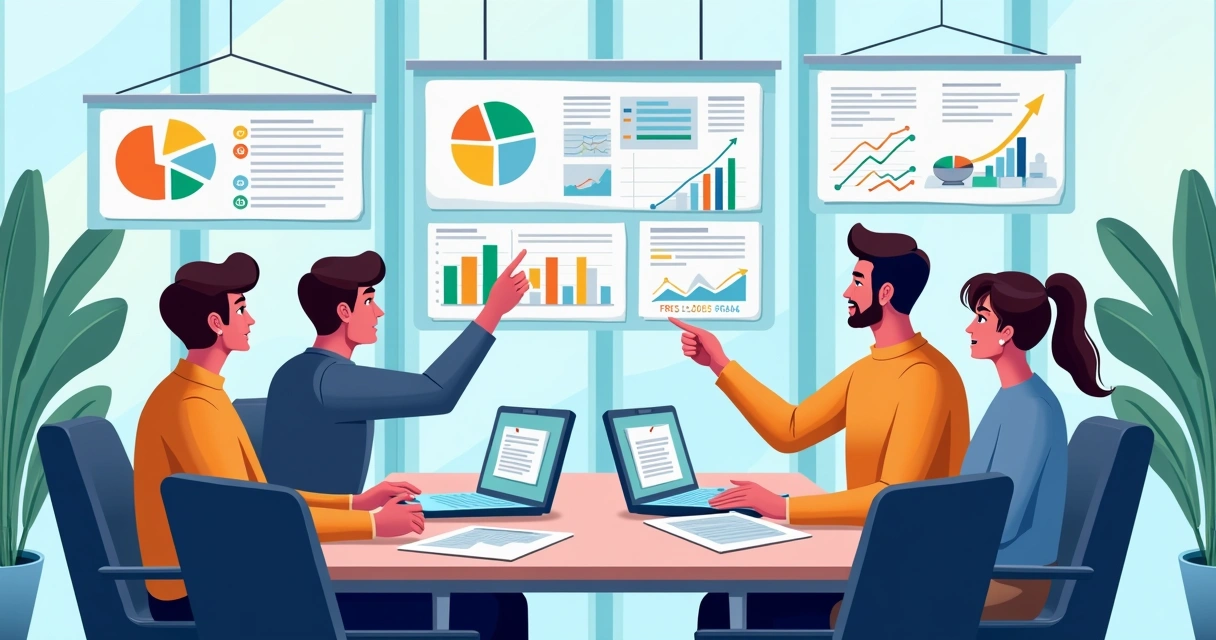 Ilustração de profissionais de vendas em reunião com gráficos e telas digitais mostrando dados de leads e análises comerciais