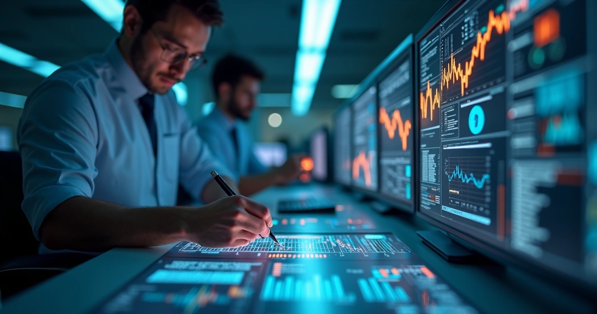 Equipe de profissionais analisando dados comerciais em tela digital com gráficos e filtros avançados para geração de leads B2B