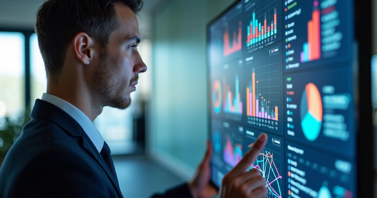 Profissional analisando gráficos de leads qualificados em tela digital com interface moderna e filtros de dados visíveis