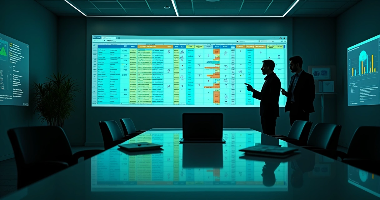 Dashboard de vendas B2B exibindo matriz de clientes em Excel projetada em uma parede