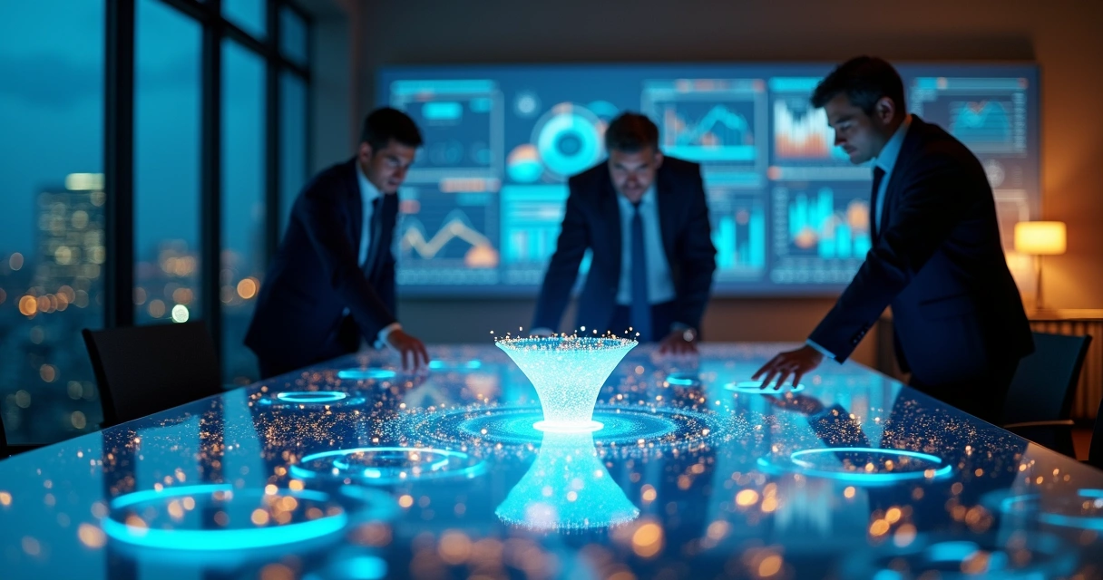 Executivos analisando engrenagens digitais ligadas a funil de vendas em tela gigante