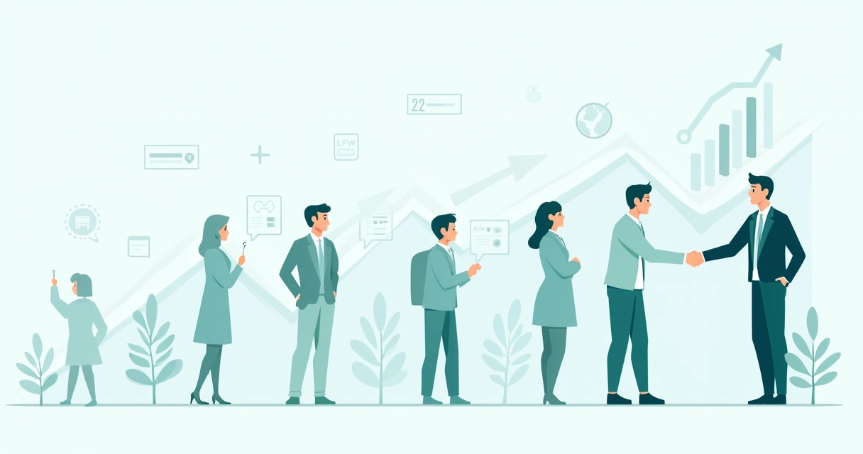 Ilustração detalhada mostrando a jornada de vendas B2B com etapas de prospecção, nutrição de leads e conversão em cliente qualificado