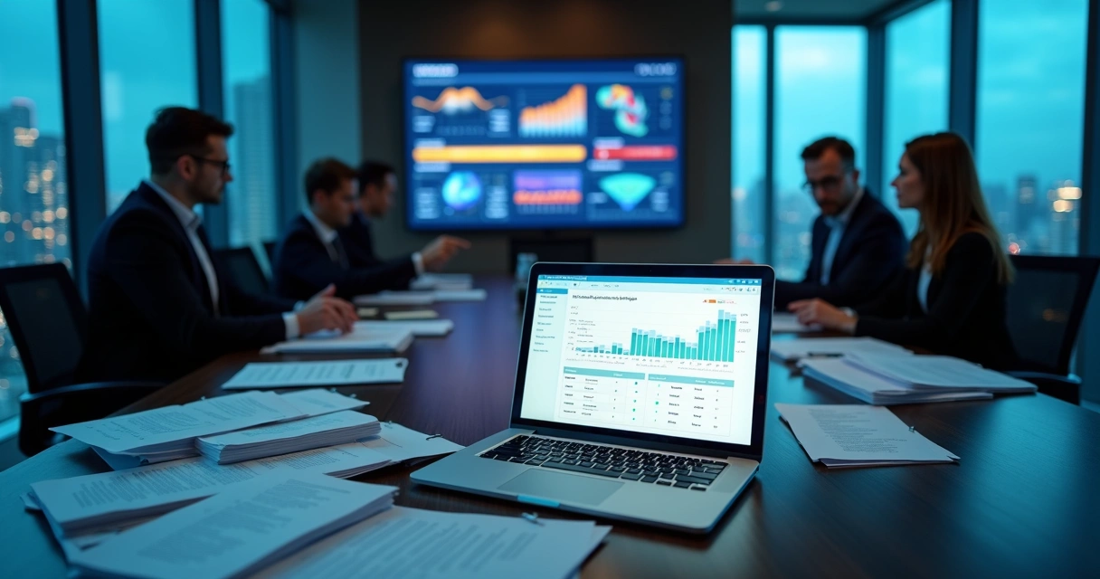 Mesa de reuniões com contratos de licitação e dados B2B em tela digital 