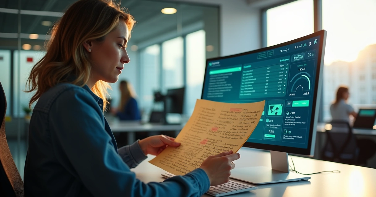 Profissional de vendas comparando lista impressa de empresas com painel digital atualizado 