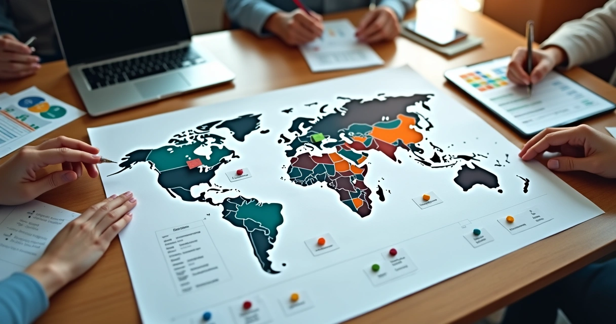 Mapa de mesa com cartões de empresas B2B organizados por cores e segmentos