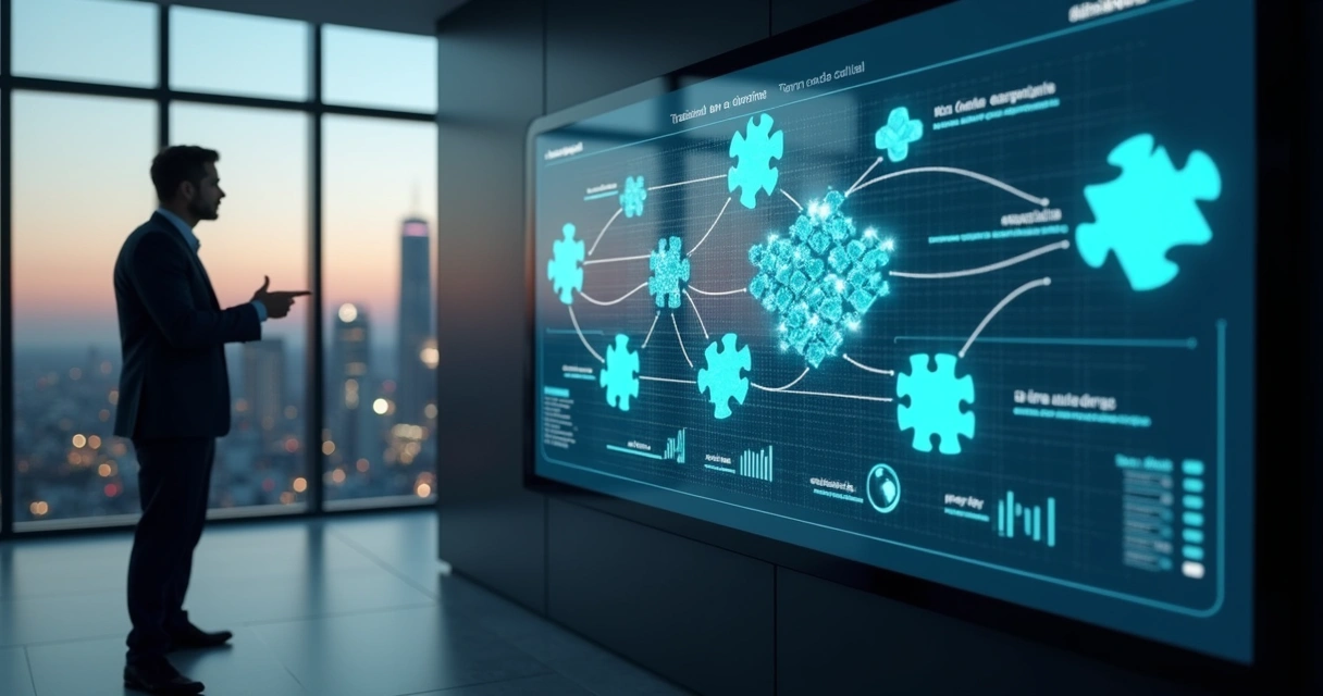 Analista conectando peças de quebra-cabeça corporativo em painel digital 