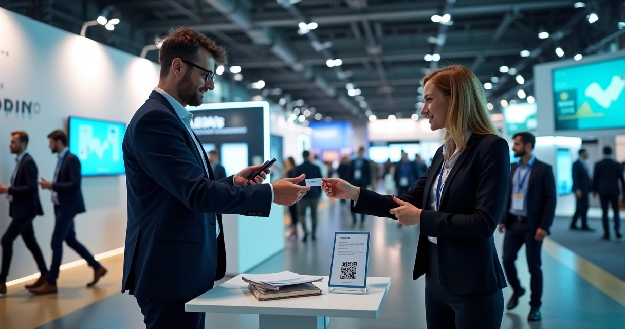 Executivos trocando cartões em estande moderno de evento B2B 