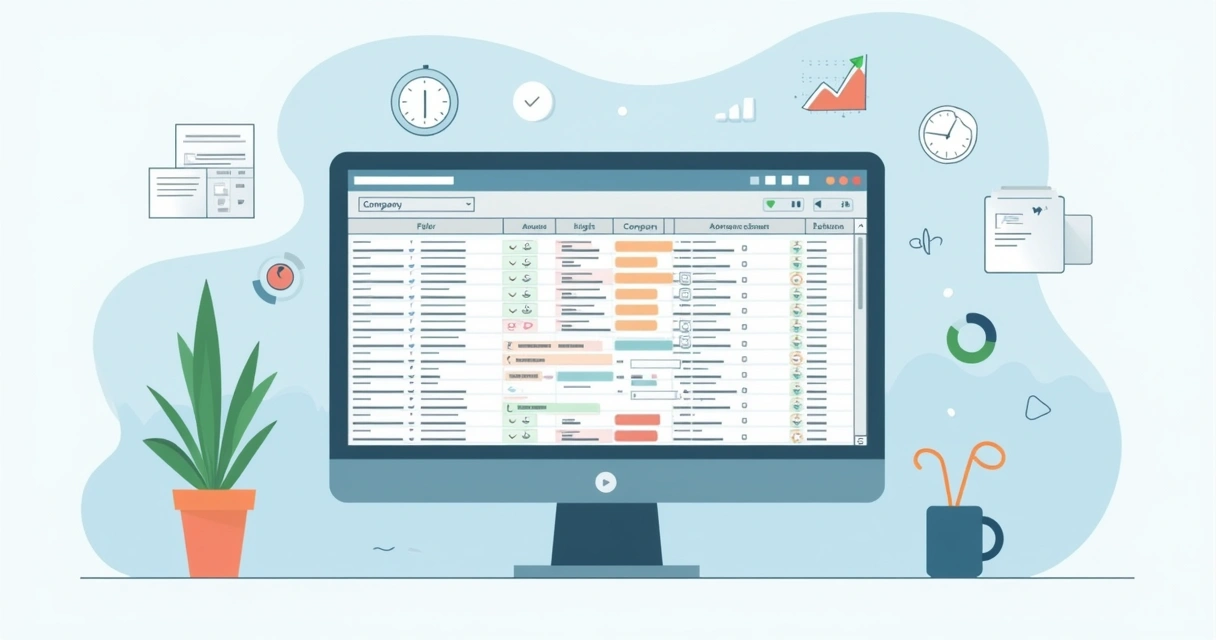 Ilustração corporativa plana de uma tela de computador mostrando uma planilha Excel com uma lista organizada de empresas usando filtros e colunas coloridas para destacar dados