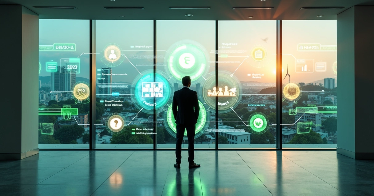 Executivo observa painel digital com indicadores ESG conectados a leads B2B