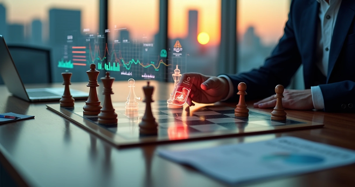 Gestor observa tabuleiro de xadrez misturado com gráficos de churn B2B