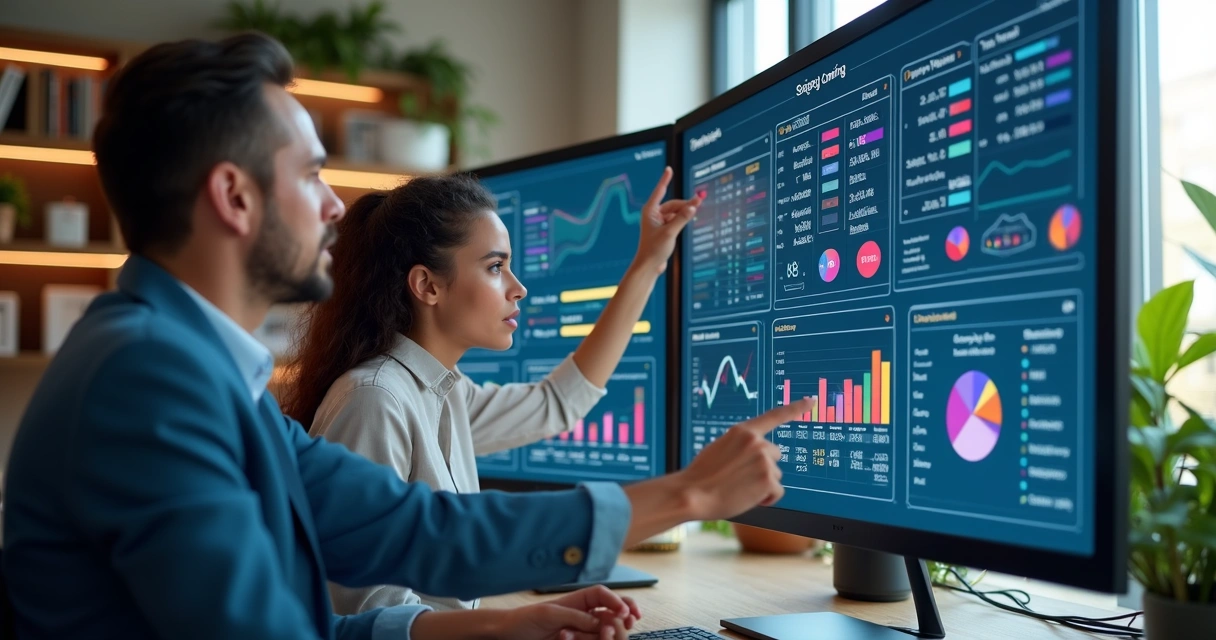 Equipe comercial analisando dados e gráficos em telas digitais para priorização de leads B2B