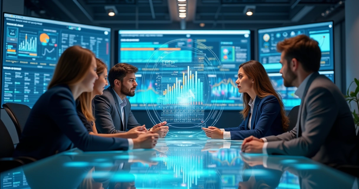 Equipe de vendas analisando dados digitais em telas com gráficos e informações de empresas