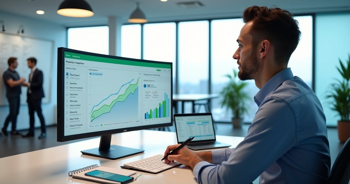 Vendedor B2B em escritório analisando painel de prospecção ativa com gráficos de vendas em alta