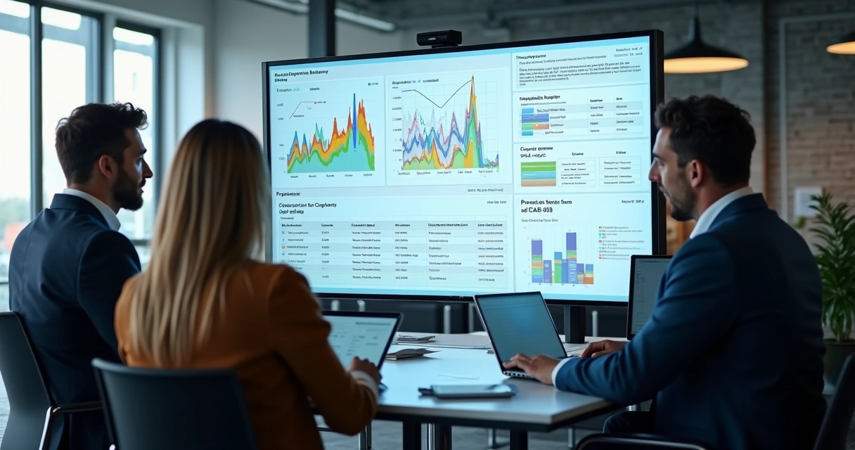 Equipe comercial analisando dados de prospecção B2B em tela com gráficos e filtros inteligentes