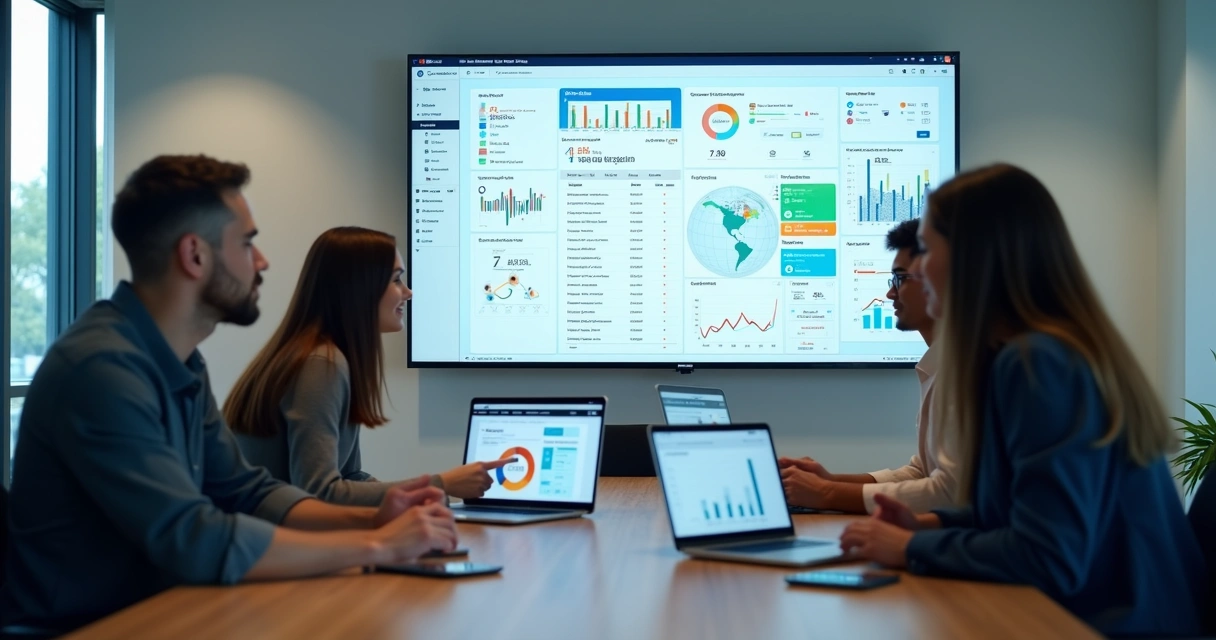Equipe de vendas analisando painel de dados B2B em tela grande de CRM