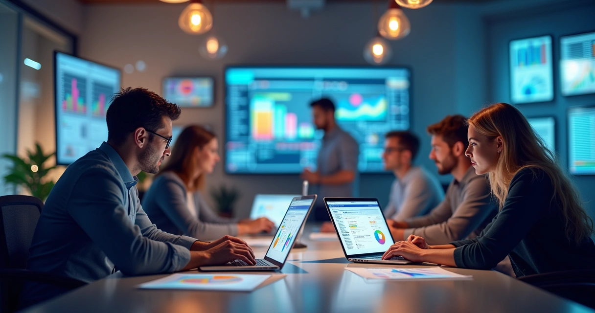 Equipe de vendas reunida analisando gráficos de prospecção B2B em computadores e tablets em escritório moderno