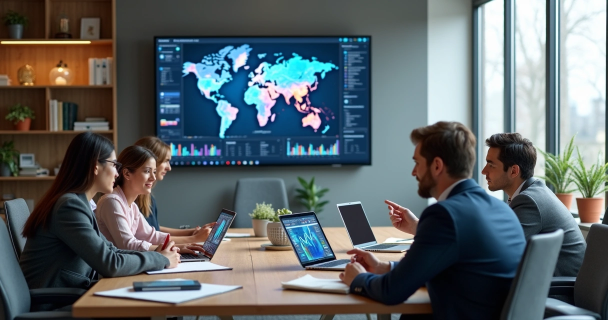 Equipe de vendas B2B reunida em reunião estratégica em escritório moderno com gráficos e computadores