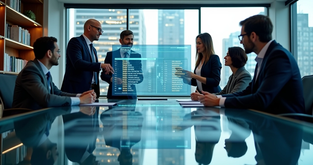 Equipe de vendas analisando lista segmentada de empresas em tela digital em ambiente corporativo moderno