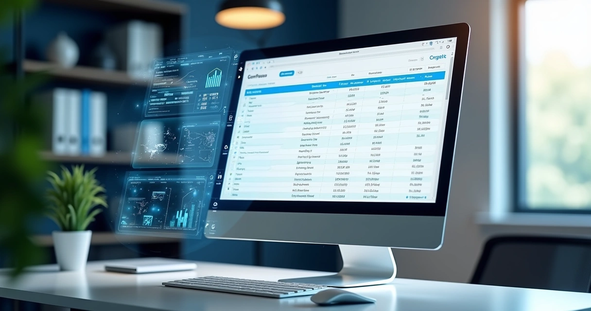 Computador mostrando uma tela com listas segmentadas e gráficos de dados ao fundo, destacando segmentos de mercado B2B com filtros variados