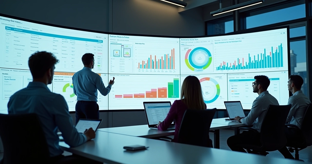 Painel digital com gráficos de pontuação de leads e equipe de marketing e vendas analisando dados em escritório moderno