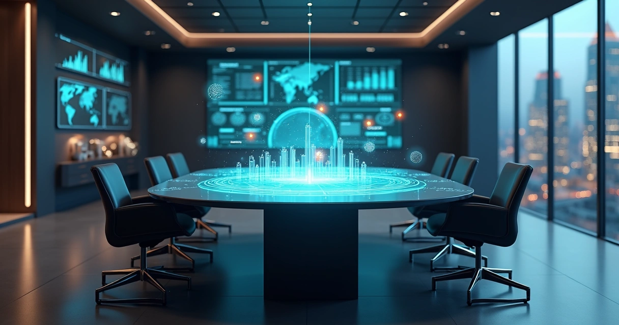 Sala de reunião com radar digital projetando tendências setoriais em gráficos 3D