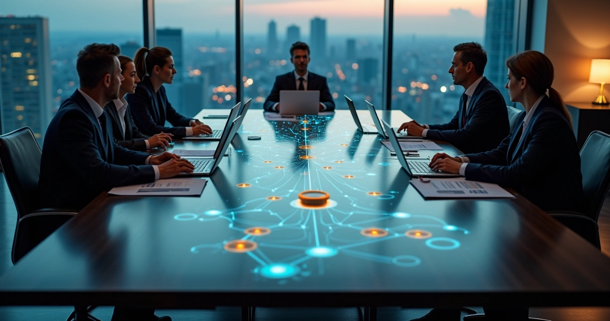 Mesa de reunião vista de cima com executivos em destaque e conexões digitais ao redor