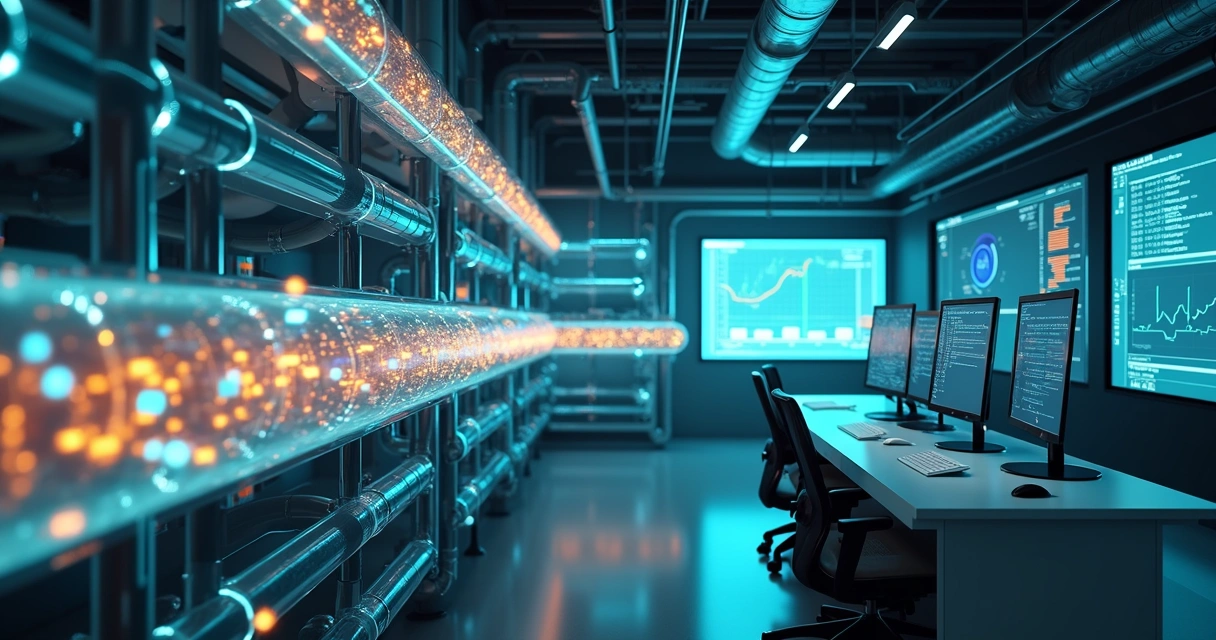 Arquitetura metafórica de tubos coloridos roteando dados de leads B2B 
