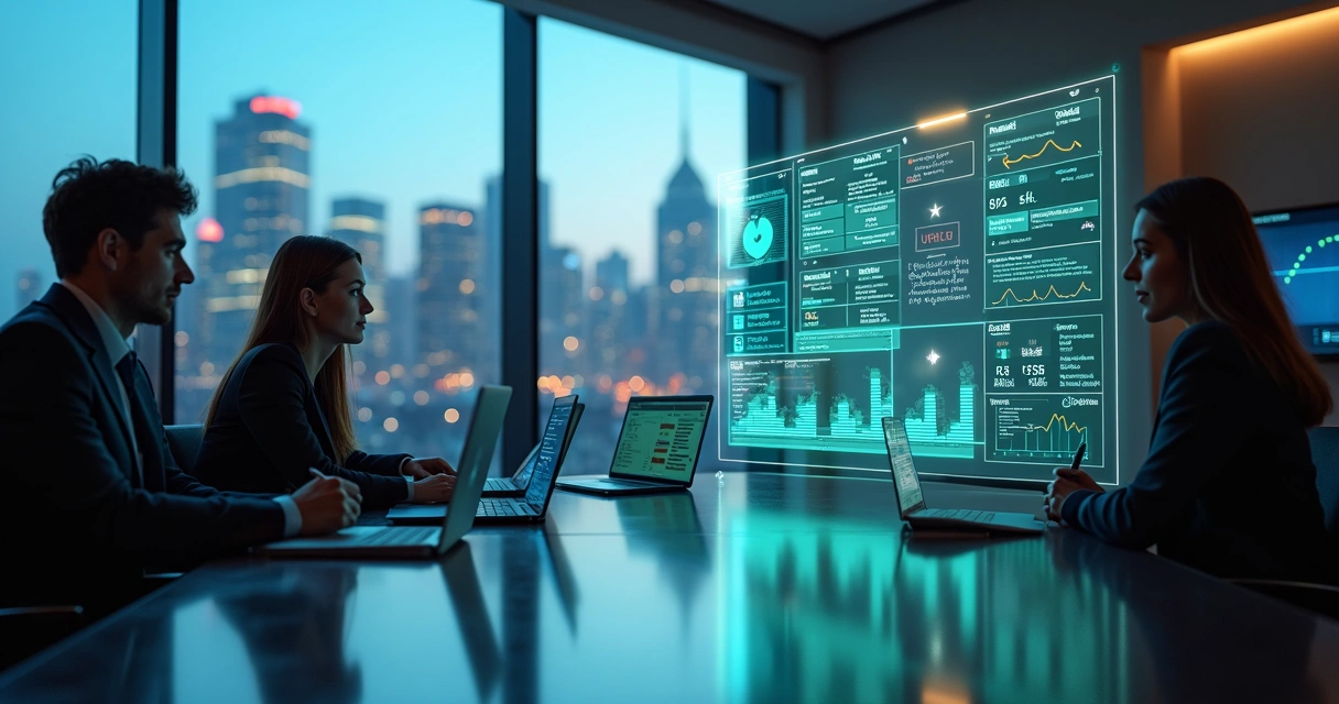 Equipe B2B analisando sinais de upsell em painéis de dados coloridos 