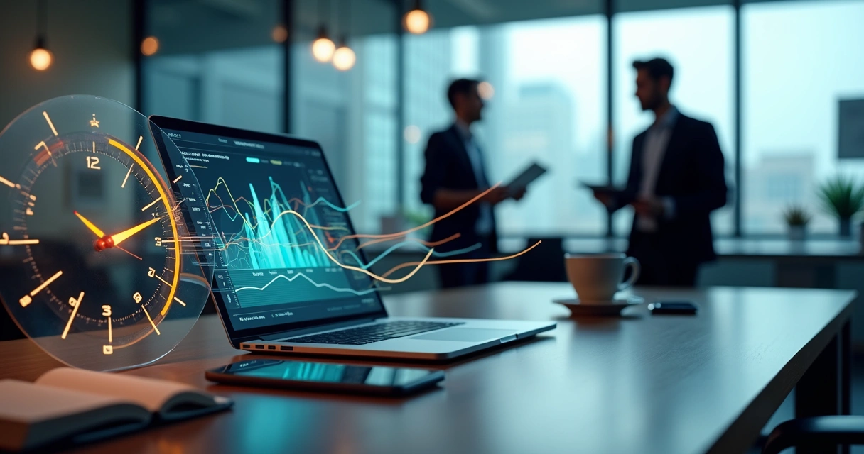 Relógio digital fragmentado ao lado de funil de leads B2B em tela de notebook