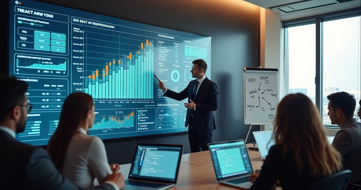 Treinador orientando SDRs diante de parede digital com dados de prospecção