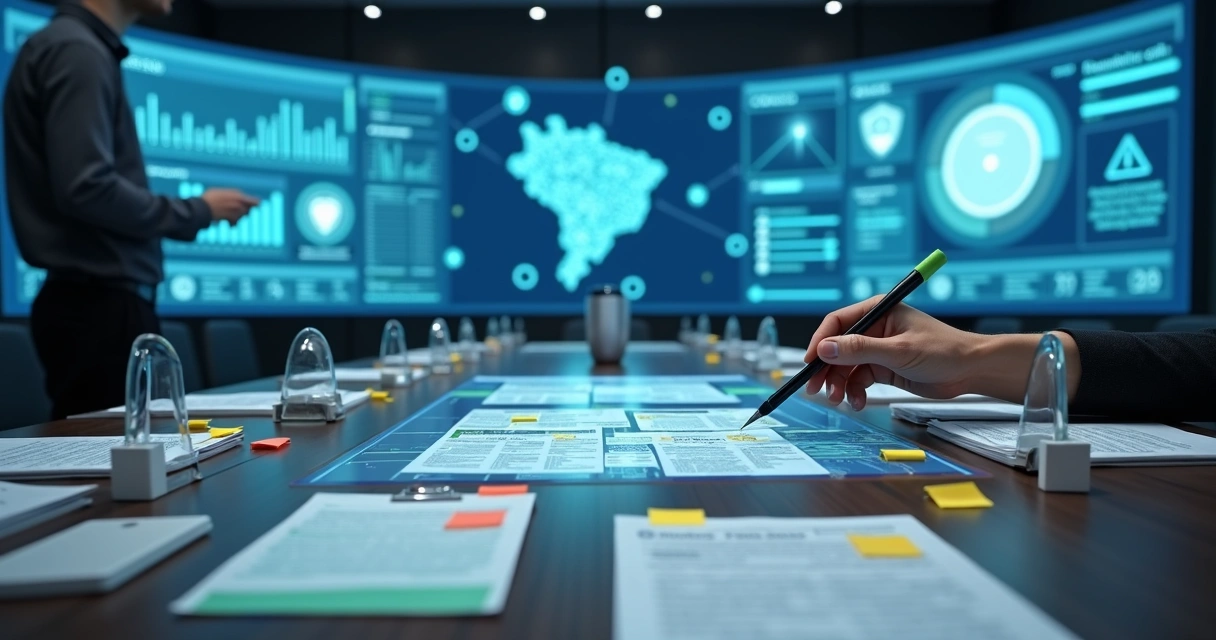 Profissional avaliando fichas de empresas em laboratório de dados com dashboards digitais 